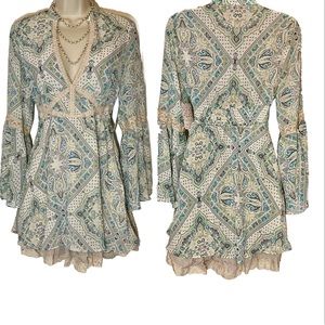 Free People Paisley Print Dress in Blue and Cream